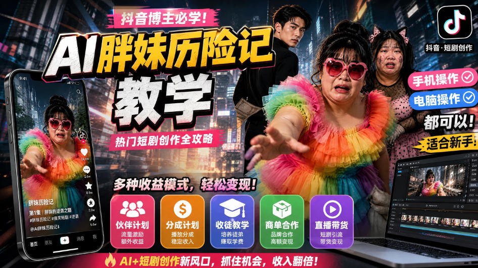 抖音博主的AI胖妹历险记教学，伙伴计划+分成计划+收徒+商单等多种收益，适合新手，手机电脑都可以操作-虚拟资料库