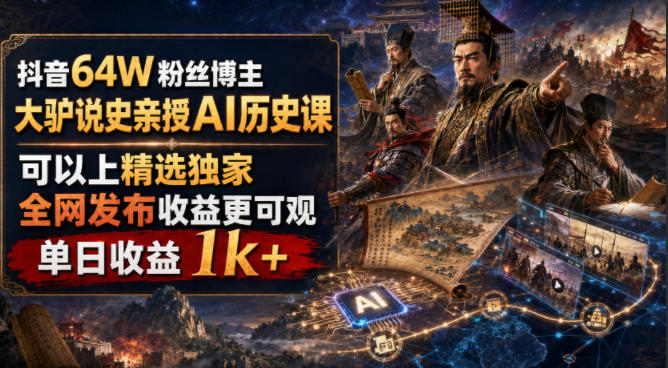 抖音64W粉丝博主大驴说史亲授AI历史课，可以上精选独家，全网发布收益更可观，单日收益1k+(更新)-虚拟资料库