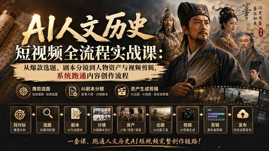 AI人文历史短视频全流程实战课-更新：从爆款选题、剧本分镜到人物资产与视频剪辑，系统跑通内容创作流程-虚拟资料库