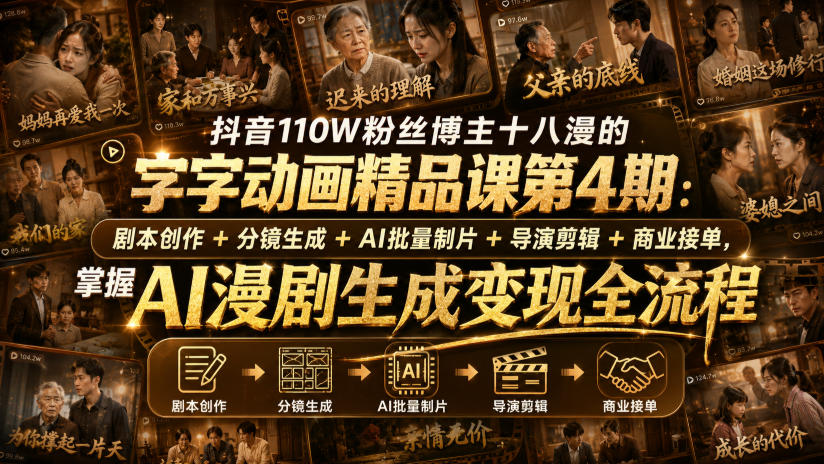 抖音110W粉丝博主十八漫的字字动画精品课第4期：剧本创作+分镜生成+剪辑+商业接单，掌握AI漫剧生成变现全流程(更新0916)-虚拟资料库