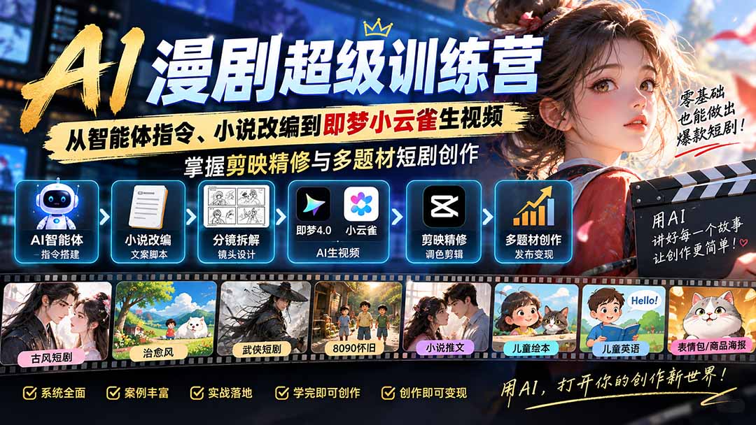 AI漫剧超级特训营：从智能体指令、小说改编到即梦小云雀生视频，掌握剪映精修与多题材短剧创作-虚拟资料库