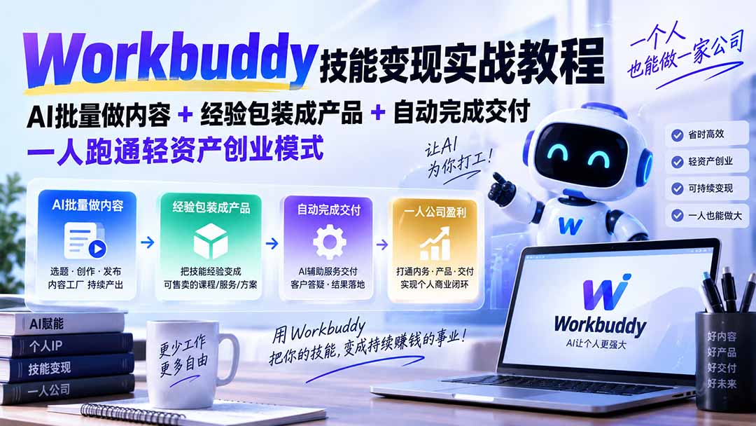 Workbuddy技能变现实战教程：AI批量做内容+经验包装成产品+自动完成交付，一人跑通轻资产创业模式-虚拟资料库
