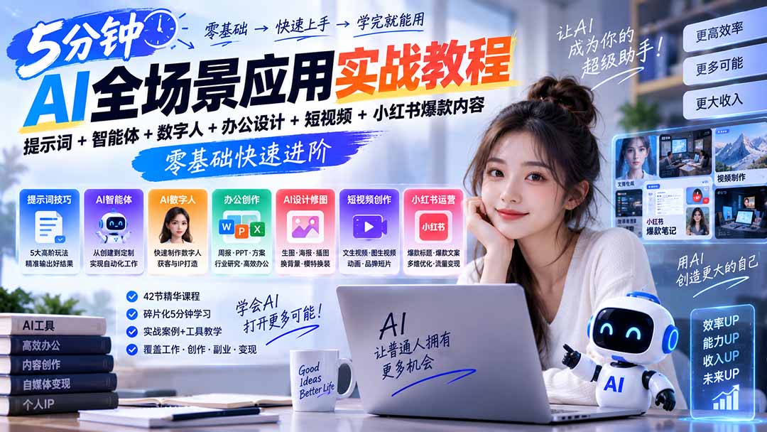 AI全场景应用实战教程｜提示词+智能体+数字人+办公设计+短视频+小红书爆款内容，零基础快速进阶-虚拟资料库