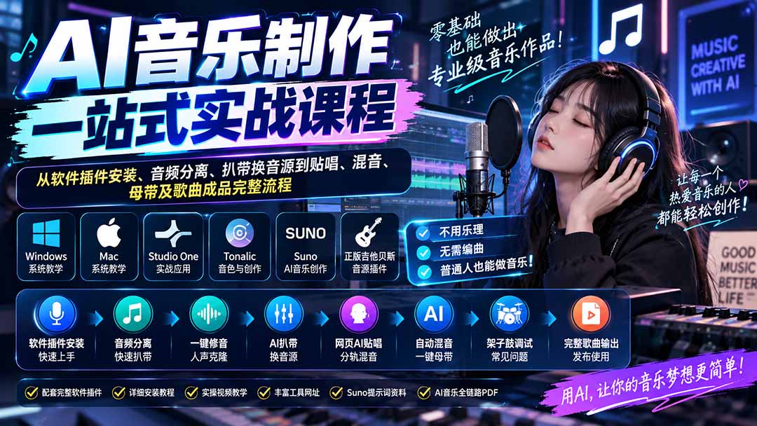 AI音乐制作一站式实战课程：从软件插件安装、音频分离、扒带换音源到贴唱、混音、母带及歌曲成品完整流程-虚拟资料库