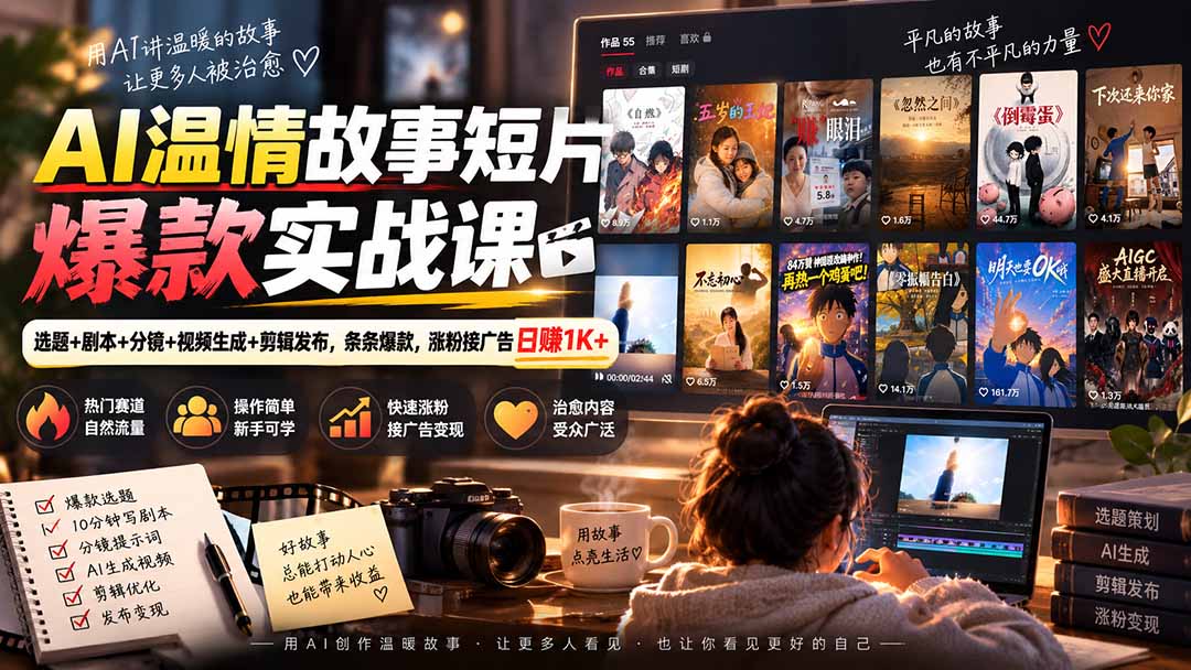AI温情故事短片爆款实战课-更新｜选题+剧本+分镜+视频生成+剪辑发布，条条爆款，涨粉接广告日赚1K+-虚拟资料库