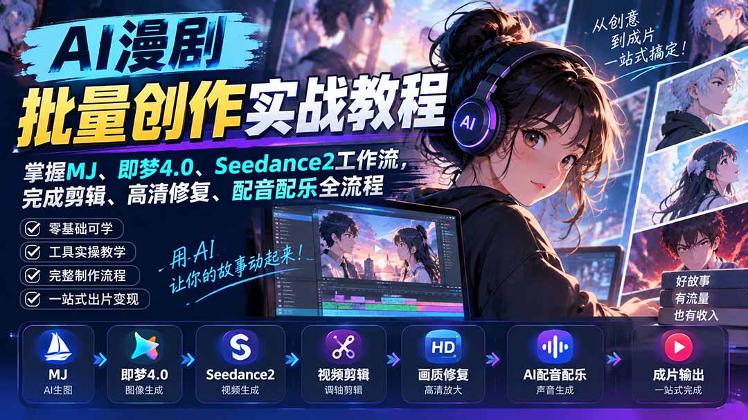 AI漫剧批量创作实战教程：掌握MJ、即梦4.0、Seedance2工作流，完成剪辑、高清修复、配音配乐全流程-虚拟资料库