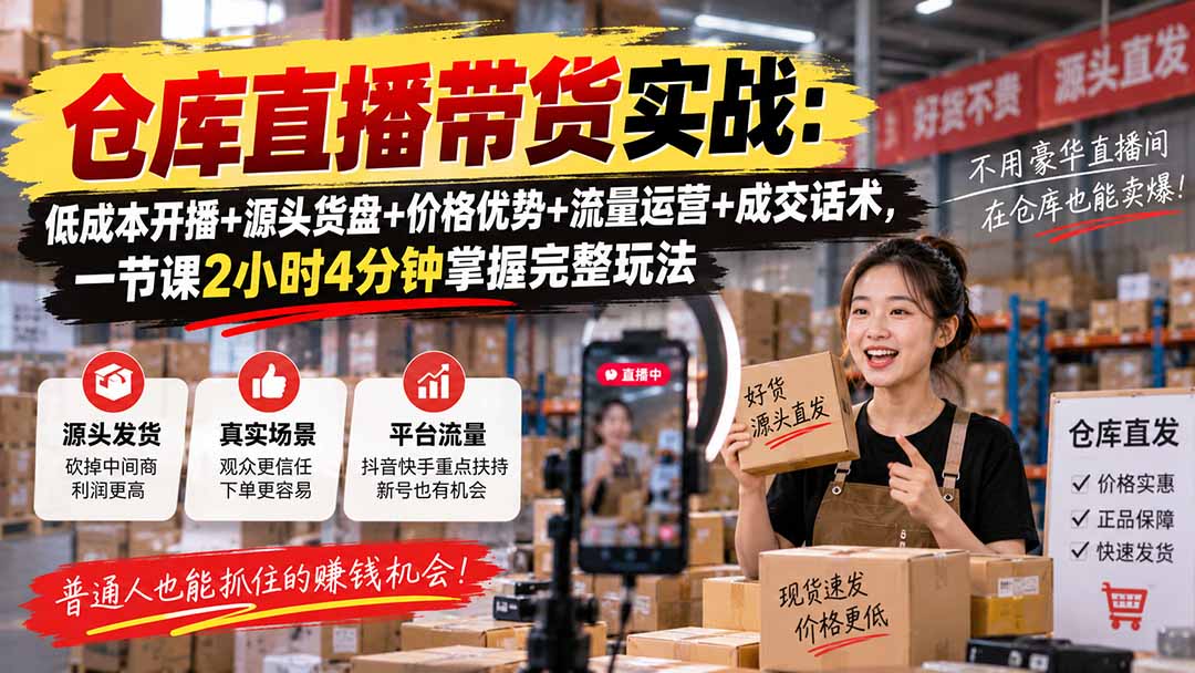 仓库直播带货实战：低成本开播+源头货盘+价格优势+流量运营+成交话术，一节课2小时4分钟掌握完整玩法-虚拟资料库