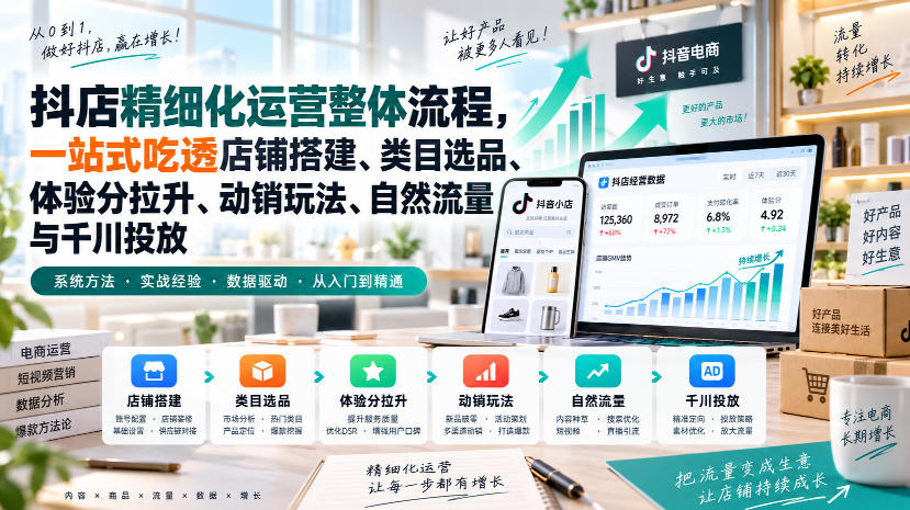 李哥电商-抖店精细化运营整体流程，一站式吃透店铺搭建、类目选品、体验分拉升、动销玩法、自然流量与千川投放-虚拟资料库