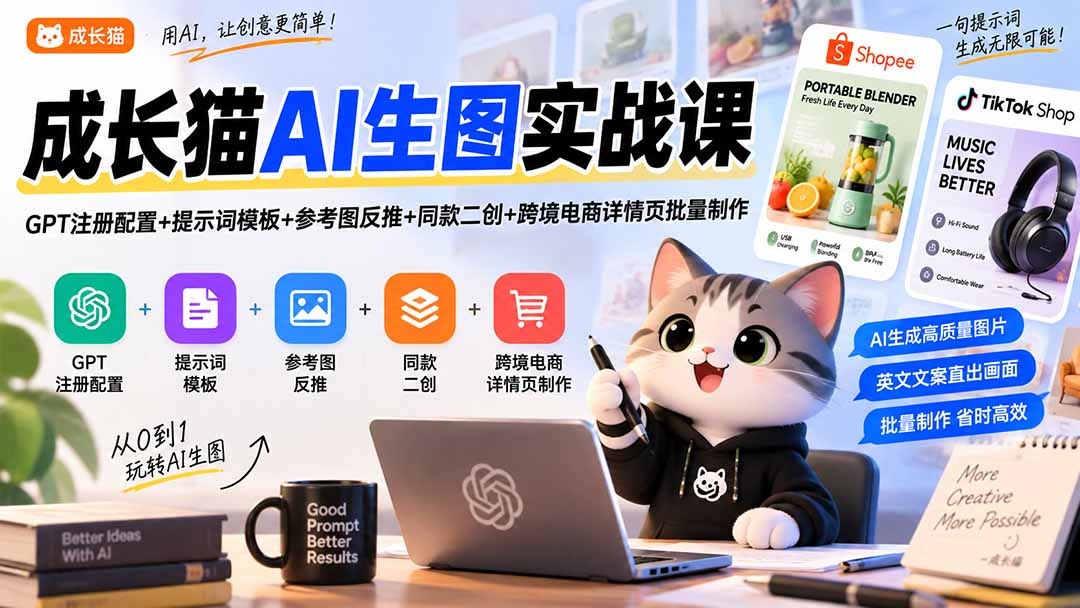 成长猫AI生图实战课｜GPT注册配置+提示词模板+参考图反推+同款二创+跨境电商详情页批量制作-虚拟资料库