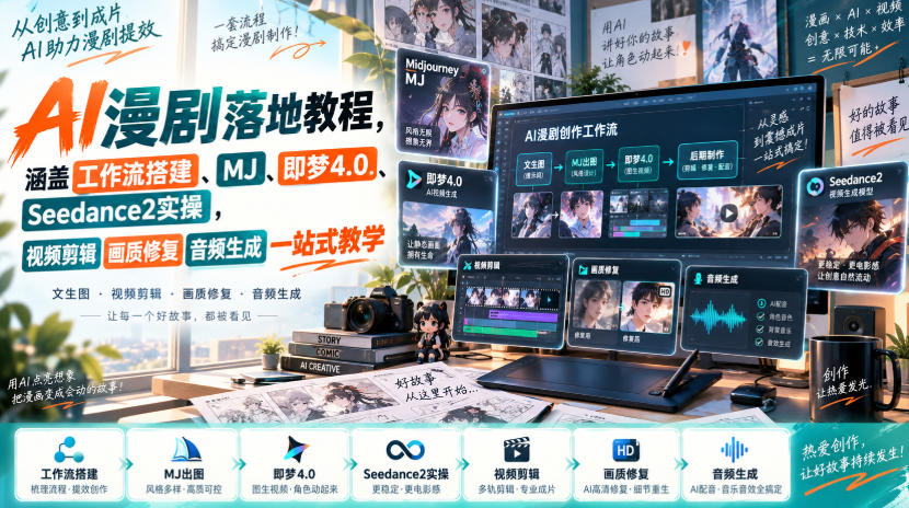 AI漫剧落地教程，涵盖工作流搭建、MJ、即梦4.0、Seedance2实操，视频剪辑画质修复音频生成一站式教学-虚拟资料库