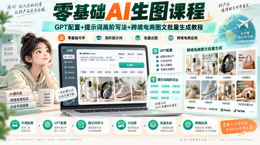 零基础AI生图课程，GPT配置+提示词高阶写法+跨境电商图文批量生成教程-虚拟资料库