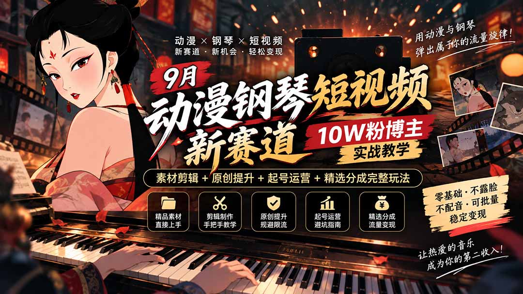 9月动漫钢琴短视频新赛道｜10W粉博主实战教学，素材剪辑+原创提升+起号运营+精选分成完整玩法-虚拟资料库