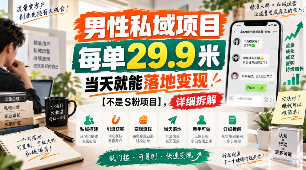 男性私域项目,每单29.9米,当天就能落地变现【不是S粉项目】,详细拆解-虚拟资料库