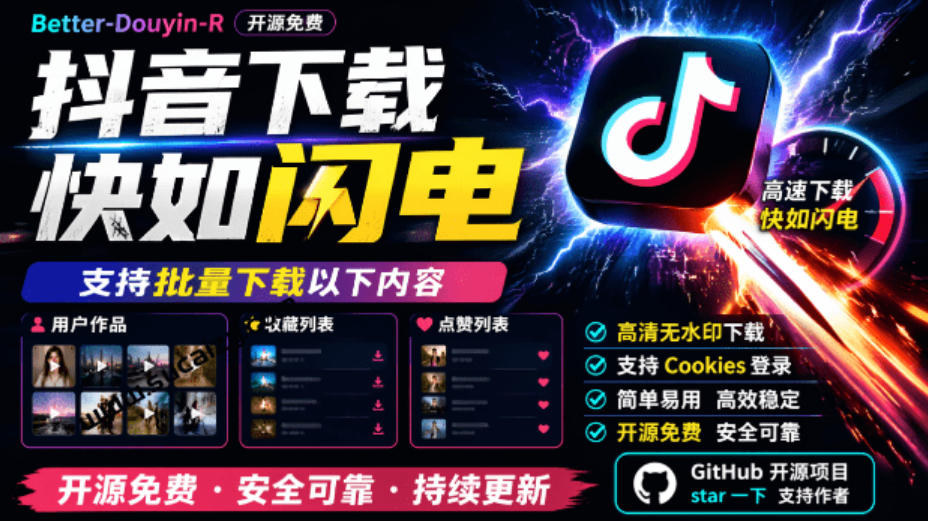超级好用！抖音视频下载神器，支持批量下载用户作品收藏列表和点赞列表，开源完全免费Better-douyin-R-虚拟资料库