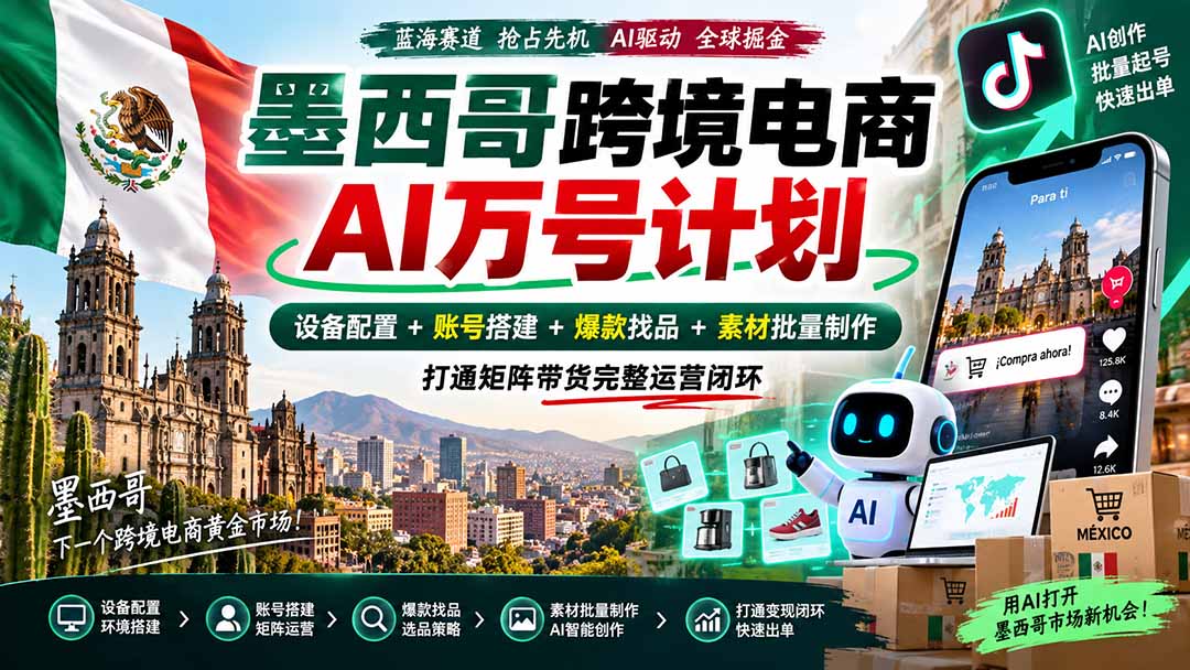 墨西哥AI跨境电商万号计划｜设备配置+账号搭建+爆款找品+素材批量制作，打通矩阵带货完整运营闭环-虚拟资料库