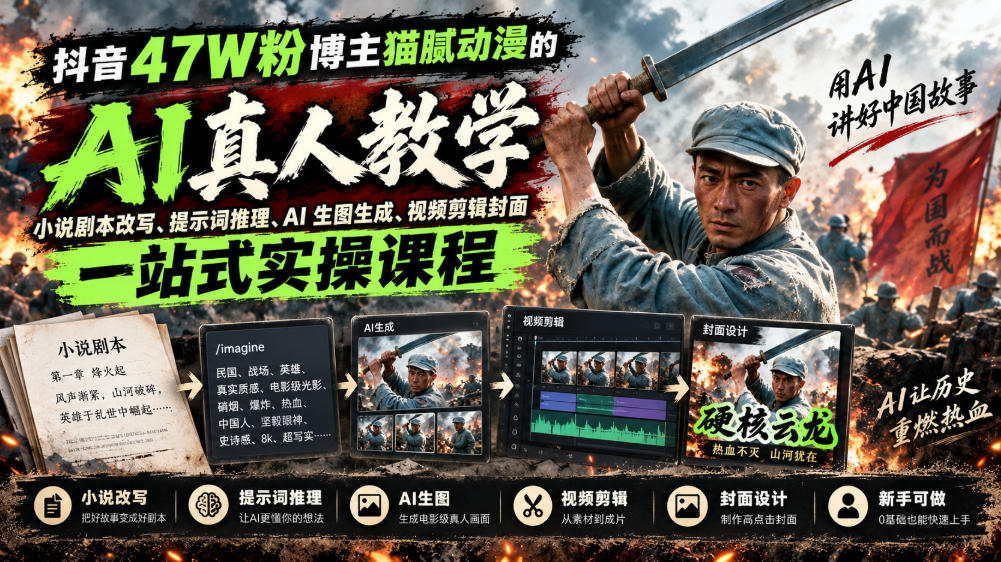 抖音47W粉博主猫腻动漫的AI真人漫剧教学，小说剧本改写、提示词推理、AI生图生成、视频剪辑封面一站式实操课程-虚拟资料库