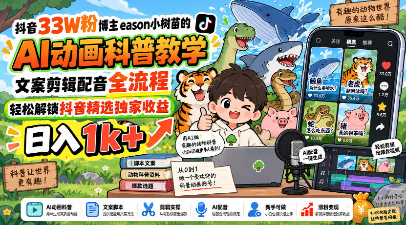 抖音33W粉博主eason小树苗的AI动画科普教学，文案剪辑配音全流程，轻松解锁抖音精选独家收益，日入1k+-虚拟资料库