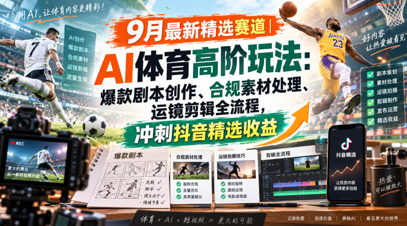 某大佬的9月最新精选赛道之AI体育顶级玩法，爆款剧本创作、版权规避、运镜剪辑全流程，稳拿抖音精选收益-虚拟资料库