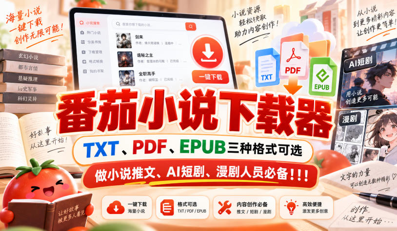 番茄小说下载器，TXT、PDF、EPUB三种格式可选，做小说推文、AI短剧、漫剧人员必备！！！-虚拟资料库