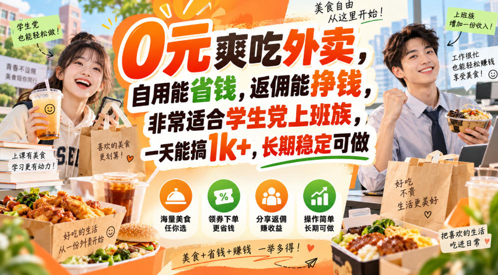 0元爽吃外卖,自用能省钱,返佣能挣钱,非常适合学生党上班族,一天能搞1k+,长期稳定可做-虚拟资料库