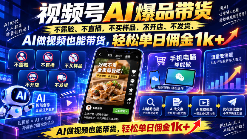 视频号Ai爆品带货,不露脸、不直播、不买样品、不开店、不发货,AI做视频也能带货,轻松单日佣金1k+-虚拟资料库