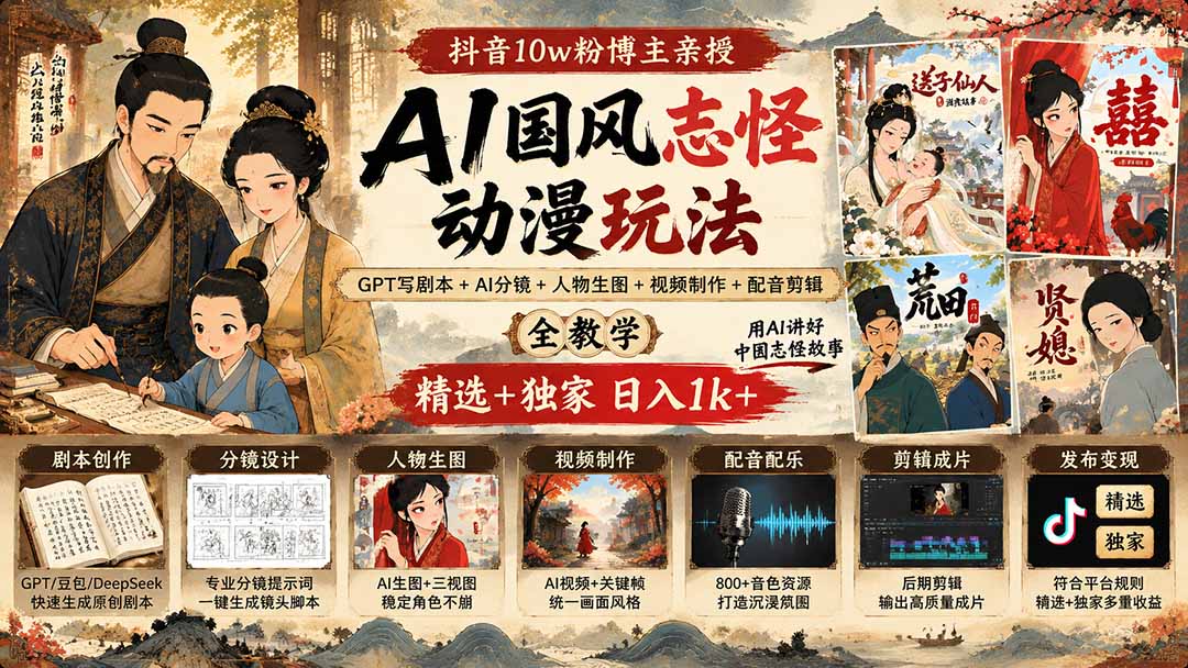 抖音10w粉博主亲授AI国风志怪动漫玩法|GPT写剧本+AI分镜+人物生图+视频制作+配音剪辑全教学|精选+独家日入1k+-虚拟资料库