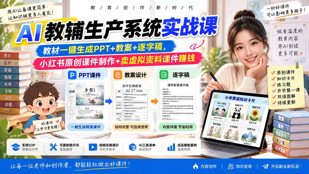 AI教辅生产系统实战课｜教材一键生成PPT+教案+逐字稿，小红书原创课件制作+卖虚拟资料课件赚钱-虚拟资料库