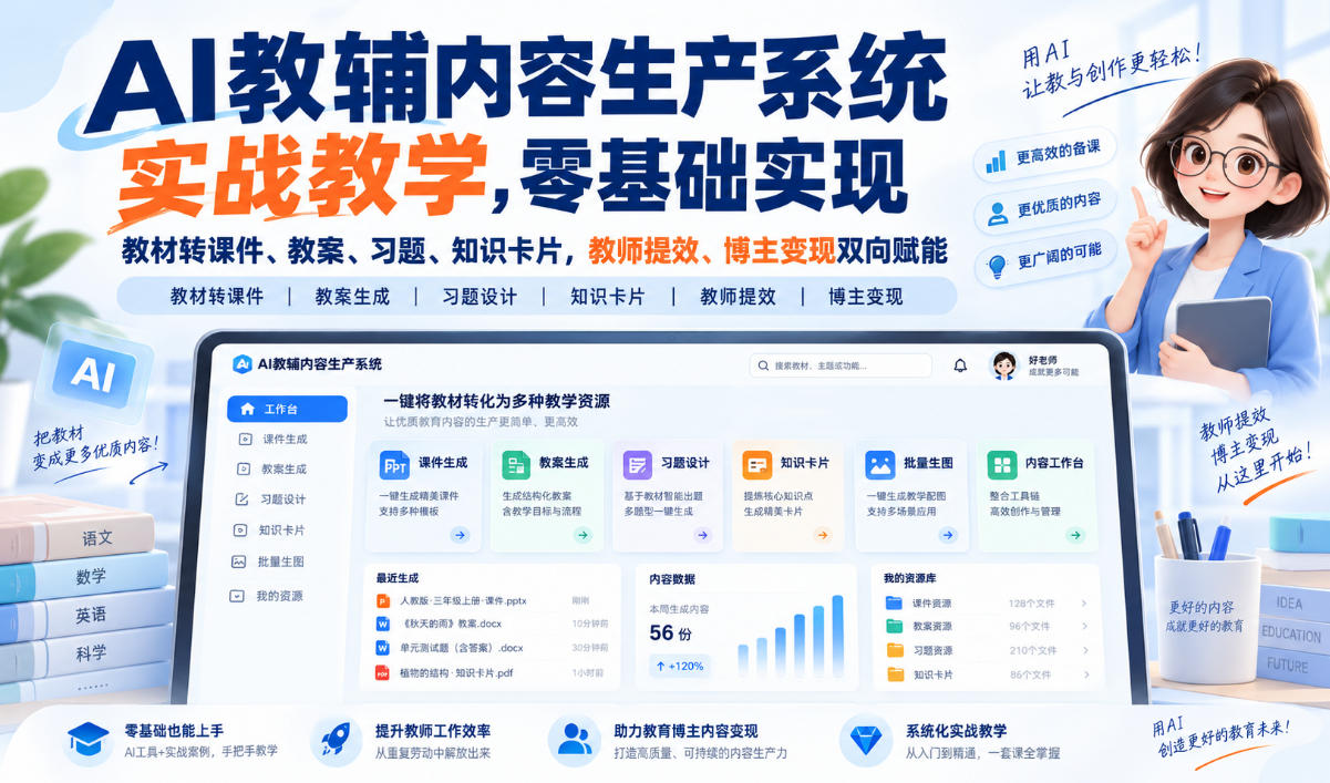 AI教辅内容生产系统实战教学,零基础实现教材转课件、教案、习题、知识卡片,教师提效、博主变现双向赋能-虚拟资料库