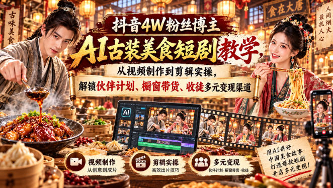 抖音4W粉丝博主AI古装美食短剧教学,从视频制作到剪辑实操,解锁伙伴计划、橱窗带货、收徒多元变现渠道-虚拟资料库