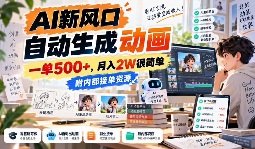 AI新风口，自动生成动画，一单500+，月入2W很简单，附内部接单资源【揭秘】-虚拟资料库