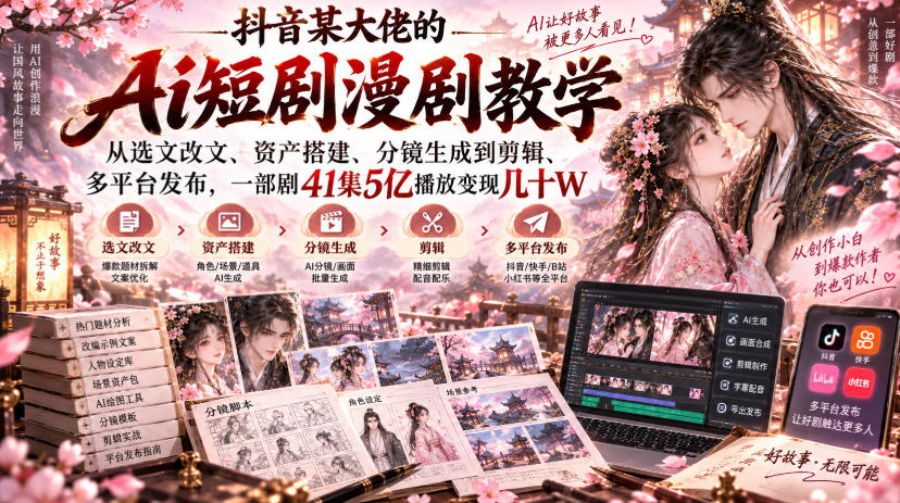 抖音某大佬的Ai短剧漫剧教学,从选文改文、资产搭建、分镜生成到剪辑、多平台发布,一部剧41集5亿播放变现几十W-虚拟资料库