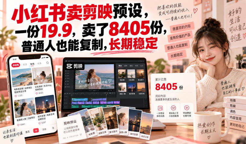 小红书卖剪映预设,一份19.9,卖了8405份,普通人也能复制,长期稳定-虚拟资料库