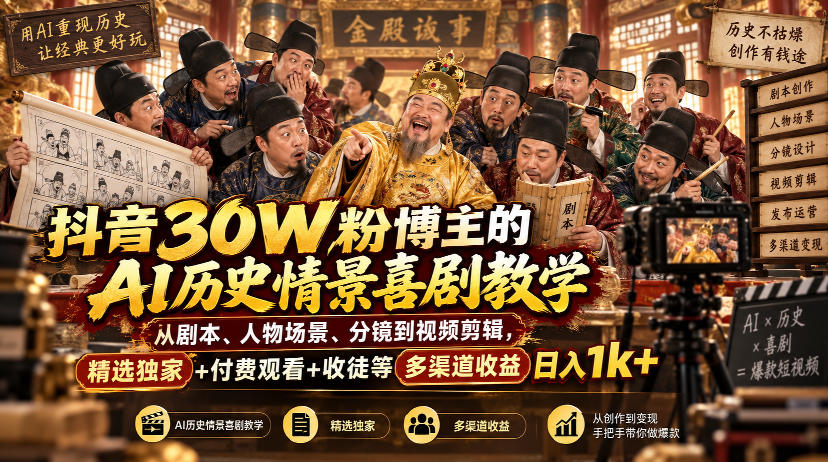 抖音30W粉博主的AI历史情景喜剧教学,从剧本、人物场景、分镜到视频剪辑,精选独家+付费观看+收徒等多渠道收益日入1k+-虚拟资料库