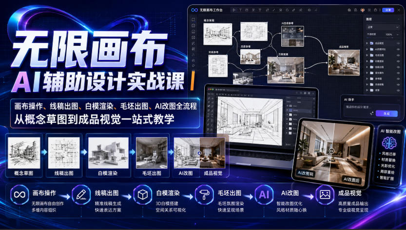 无限画布AI辅助设计实战课|画布操作、线稿出图、白模渲染、毛坯出图、AI改图全流程,从概念草图到成品视觉一站式教学(更新0923)-虚拟资料库