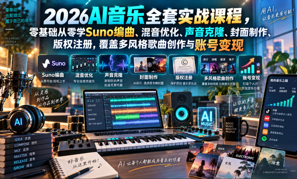 2026AI音乐实战课程，零基础从零学Suno编曲、混音优化、声音克隆、版权注册，覆盖多风格歌曲创作与账号变现（更新0924）