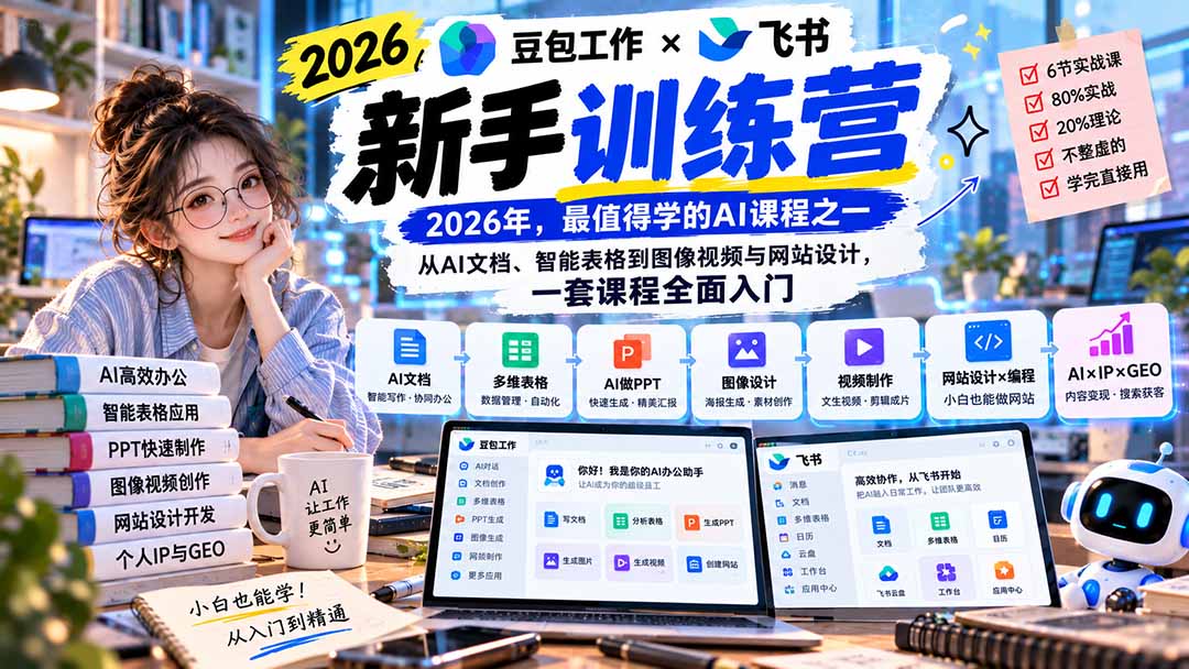 2026豆包工作+飞书新手训练营-9月新课：从AI文档、智能表格到图像视频与网站设计，一套课程全面入门-虚拟资料库