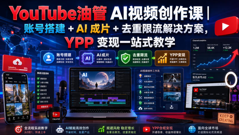 YouTube油管AI视频创作课|账号搭建+AI成片+去重限流解决方案,YPP变现一站式教学(更新0925)-虚拟资料库