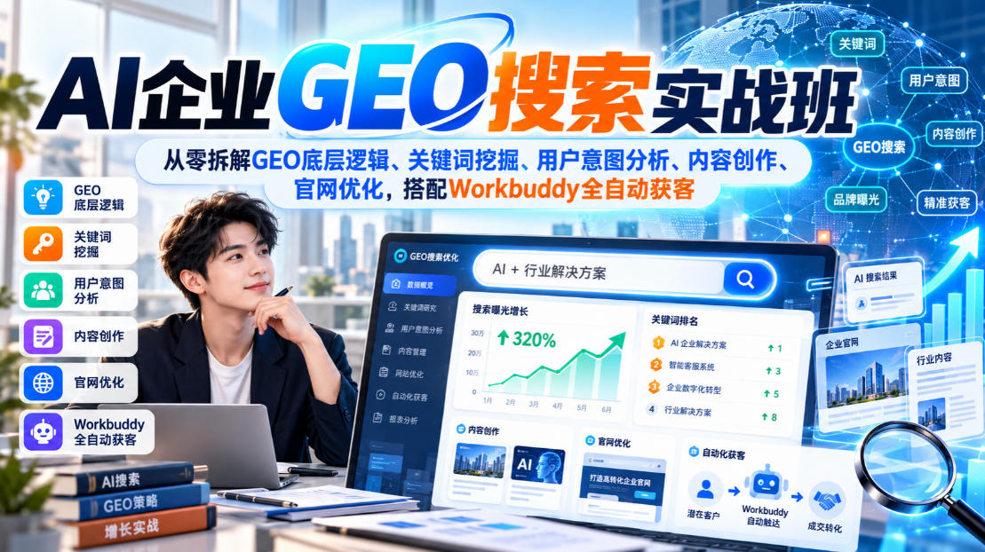 AI企业GEO搜索实战班,从零拆解GEO底层逻辑、关键词挖掘、用户意图分析、内容创作、官网优化,搭配Workbuddy全自动获客-虚拟资料库