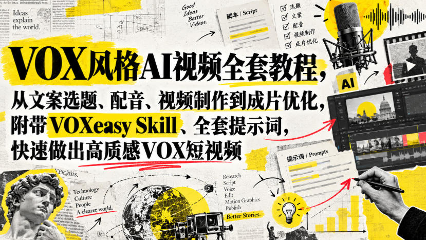 VOX风格AI视频全套教程,从文案选题、配音、视频制作到成片优化,附带VOXeasy Skill、全套提示词,快速做出高质感VOX短视频-虚拟资料库