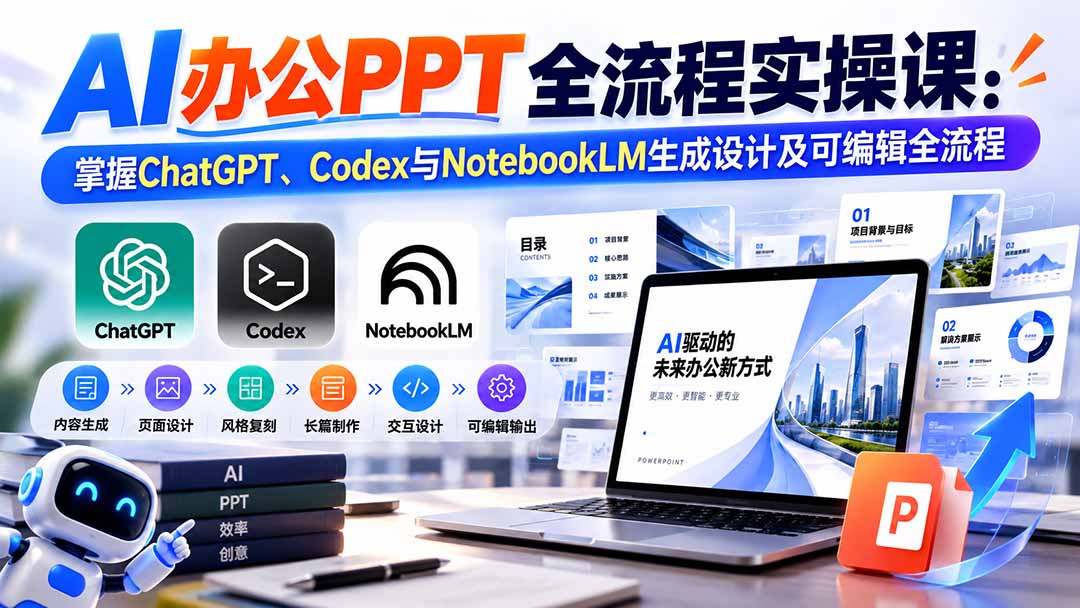 【无水印】AI办公PPT全流程实操课： 掌握ChatGPT、Codex与NotebookLM生成设计及可编辑全流程-虚拟资料库