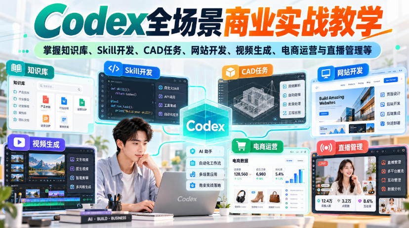 【无水印】Codex全场景商业实战教学，掌握知识库、Skill开发、CAD任务、网站开发、视频生成、电商运营与直播管理等-虚拟资料库