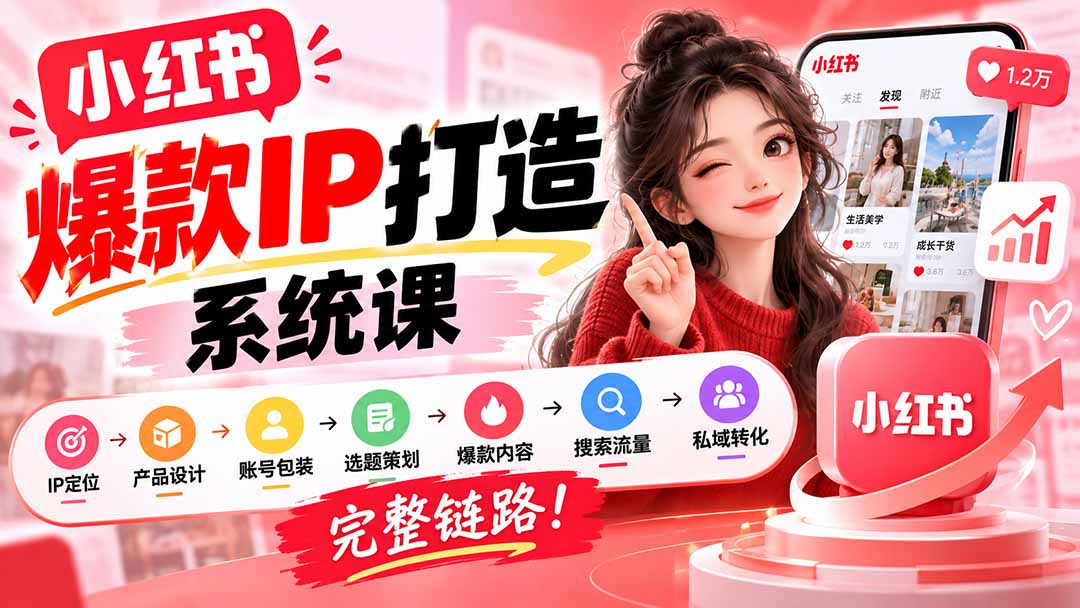【无水印】小红书爆款IP打造课：IP定位→产品设计→账号包装→选题策划→爆款内容→搜索流量→私域转化，完整链路-虚拟资料库