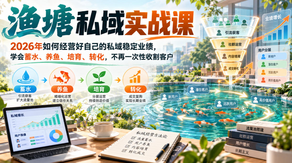 渔塘私域实战课，2026年如何经营好自己的私域稳定业绩，学会蓄水、养鱼、培育、转化，不再一次性收割客户-虚拟资料库