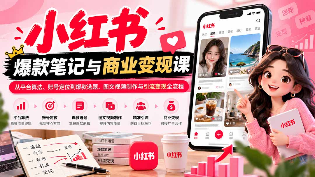 2026小红书爆款笔记与商业变现课：从平台算法、账号定位到爆款选题、图文视频制作与引流变现全流程-虚拟资料库