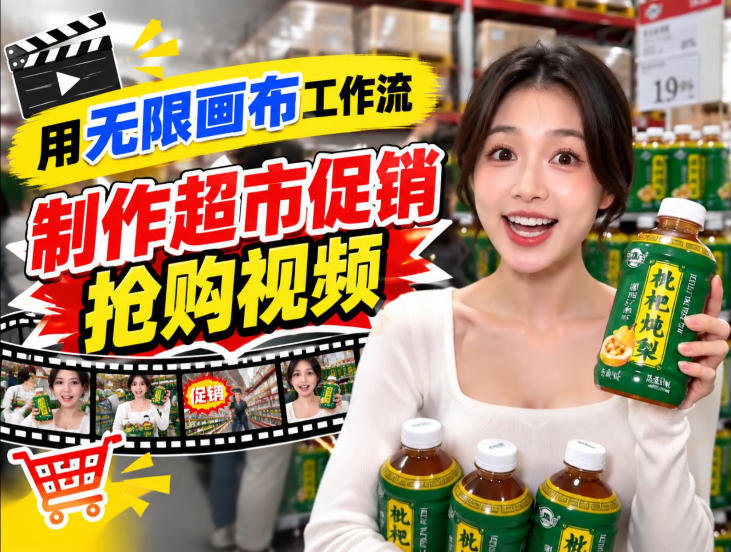 无限画布超市促销抢购视频工作流，一键产出TikTok抖音带货短视频-虚拟资料库