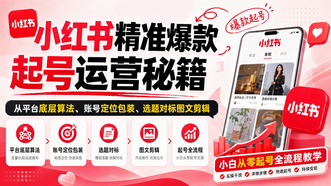 小红书精准爆款起号运营秘籍，从平台底层算法、账号定位包装、选题对标图文剪辑，小白从零起号全流程-虚拟资料库