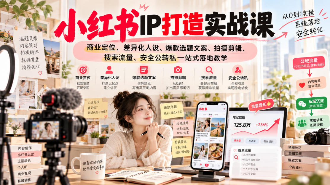 小红书ip打造实战课，商业定位、差异化人设、爆款选题文案、拍摄剪辑、搜索流量、安全公转私一站式落地教学-虚拟资料库