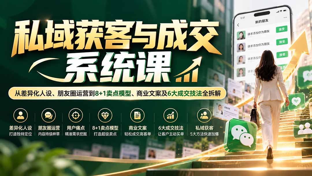 私域获客与成交系统课：从差异化人设、朋友圈运营到8+1卖点模型、商业文案及6大成交技法全拆解-虚拟资料库
