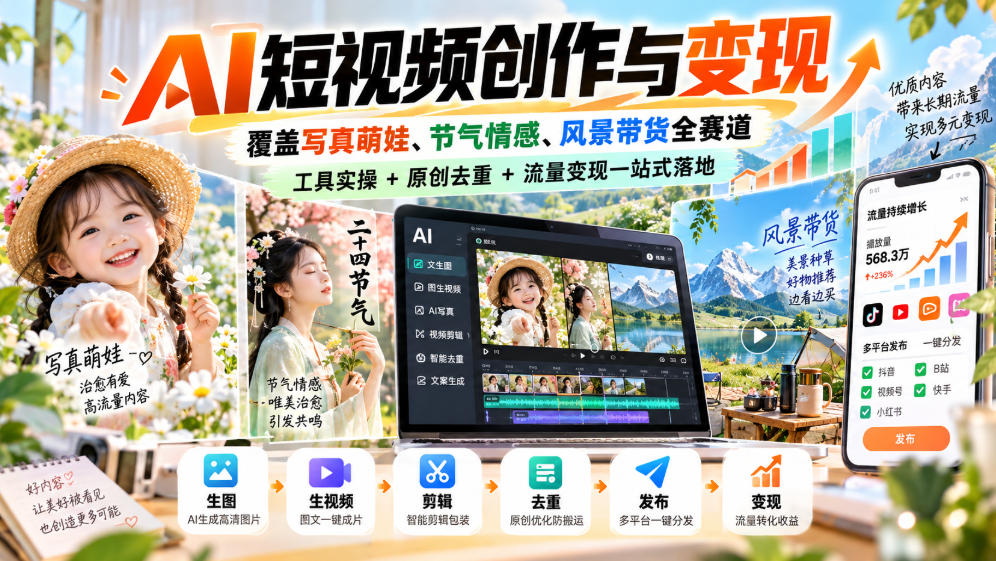 AI短视频创作与变现，覆盖写真萌娃、节气情感、风景带货全赛道，工具实操+原创去重+流量变现一站式落地-虚拟资料库