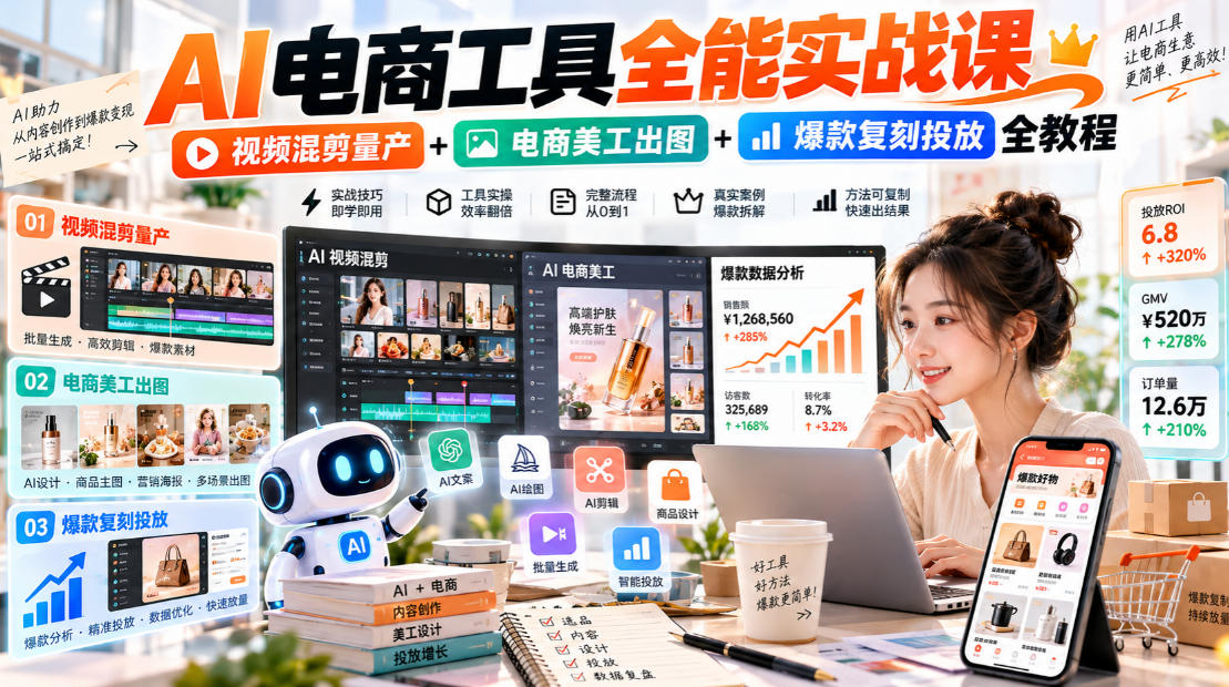 AI电商工具全能实战教学，视频混剪量产+电商美工出图+爆款复刻投放全教程​-虚拟资料库